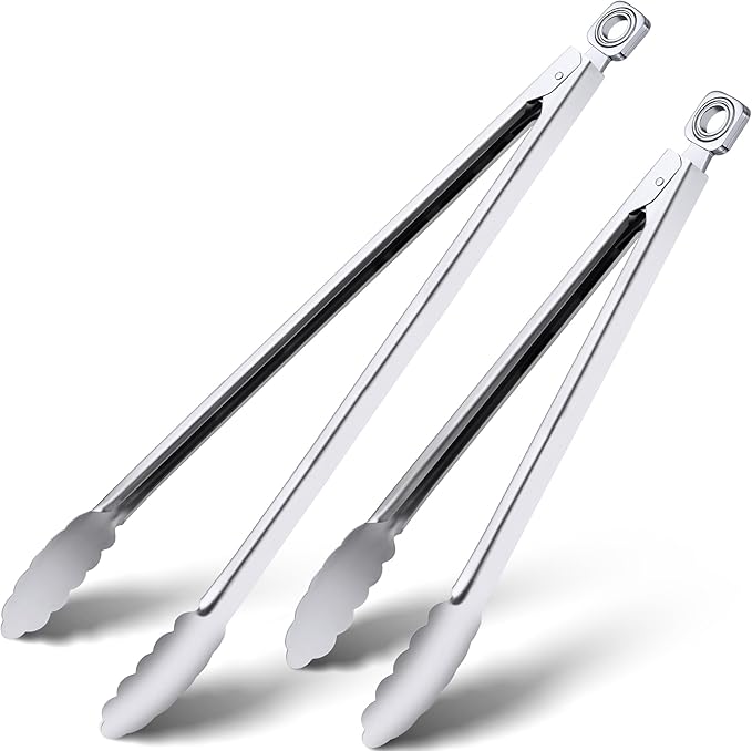 Grill Tongs - 12 Inch & 17 Inch Extra Long BBQ Tongs, Heat Resistant Stainless Steel Kitchen Tong, Heavy Duty Metal Locking Tong for Cooking, Grilling, BBQ/Barbecue, Food (All Metal - 12"+17")