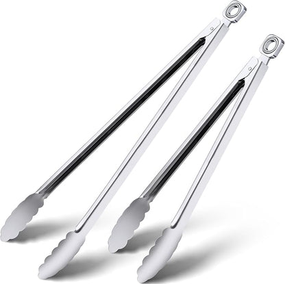 Grill Tongs - 12 Inch & 17 Inch Extra Long BBQ Tongs, Heat Resistant Stainless Steel Kitchen Tong, Heavy Duty Metal Locking Tong for Cooking, Grilling, BBQ/Barbecue, Food (All Metal - 12"+17")