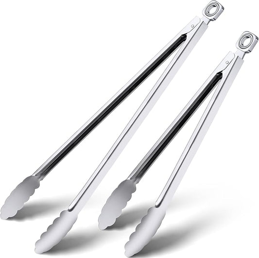 Grill Tongs - 12 Inch & 17 Inch Extra Long BBQ Tongs, Heat Resistant Stainless Steel Kitchen Tong, Heavy Duty Metal Locking Tong for Cooking, Grilling, BBQ/Barbecue, Food (All Metal - 12"+17")