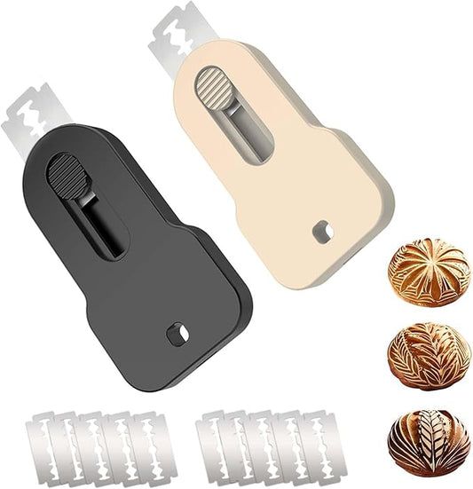 Set of 2 Pcs Retractable Bread Lame with Magnet, Stainless Steel Blades Scoring Tool for Sourdough, Includes 10 Extra Razor Blades, Black & Beige ABS Handle Scorer