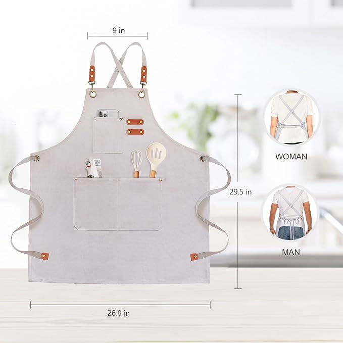 OUNLEN Chef Apron for Men Women Canvas Aprons with 3 Pockets Cross Back Resistant Work Apron for Cooking - Image 2
