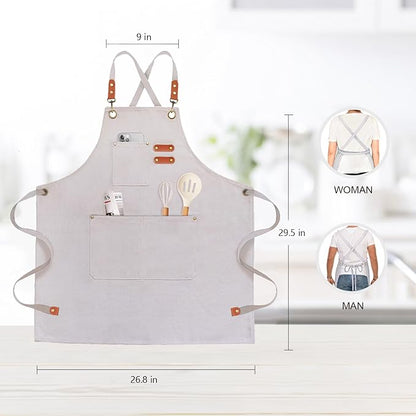 OUNLEN Chef Apron for Men Women Canvas Aprons with 3 Pockets Cross Back Resistant Work Apron for Cooking - Image 2