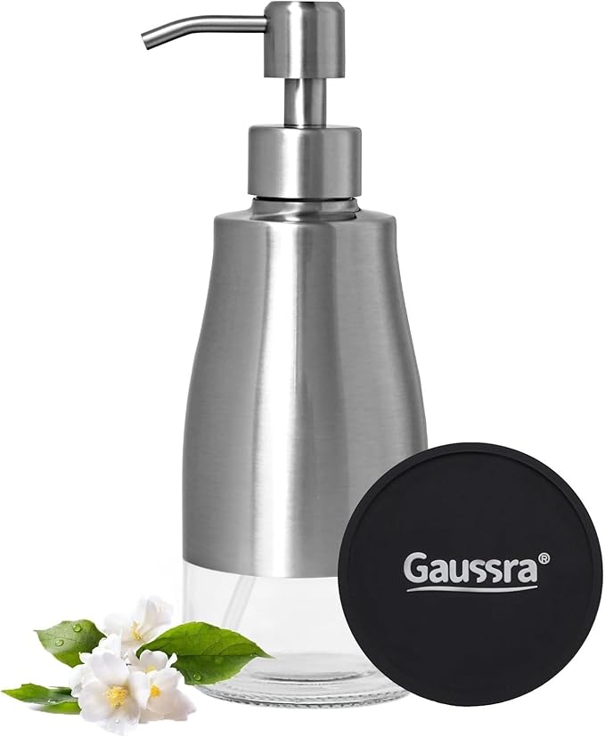 Gaussra Soap Dispenser with Coaster and Stickers, Brushed Nickel Stainless Steel Case Glass Liner Hand Pump Dispenser, Refillable Liquid Hand Soap Dispenser for Bathroom & Kitchen (11OZ / 320ML) by Gaussra