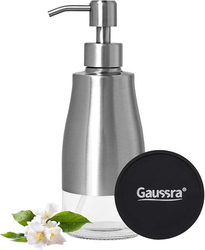 Gaussra Soap Dispenser with Coaster and Stickers, Brushed Nickel Stainless Steel Case Glass Liner Hand Pump Dispenser, Refillable Liquid Hand Soap Dispenser for Bathroom & Kitchen (11OZ / 320ML) by Gaussra