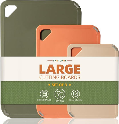 THETCHRY Plastic Cutting Board Set, Cutting Boards for Kitchen BPA Free, Large-Small Chopping Boards Set of 3 Non-Slip for Cooking Camping Dishwasher Safe, Reversible, with Grip Handle, 15"×10"×0.6" by Thetchry