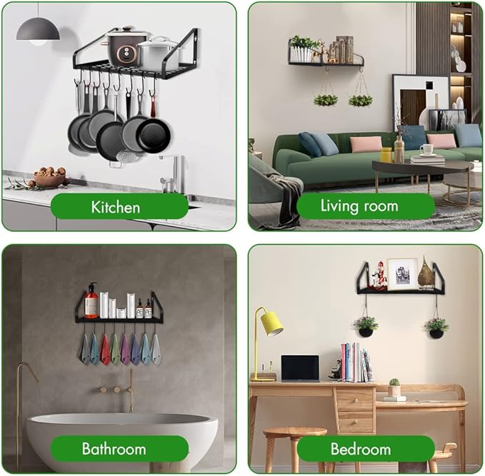Felibeaco Hanging Pots & Pans Rack,Wall Mounted Pots Pans Organizer Holder Rack with 8 Hooks, Kitchen Wall Storage Organizer Hanger Shelves for Pans Set, Utensils, Cookware, Books, Household,Black - Image 6
