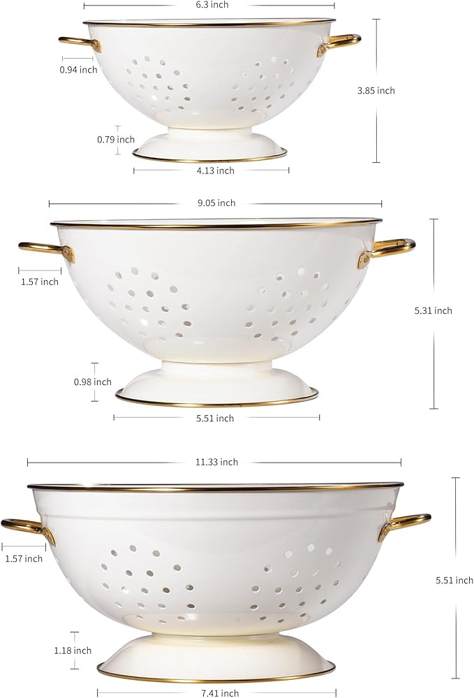 Metal Colander Set of 3, Strainer Basket with Handles perfect for Spaghetti, Pasta, Berry, Vegetable, Fruit, Solid Base Powder Coated Kitchen Essential Strainer Set, 1 & 3.5 & 5 Qt (Cream) - Image 2