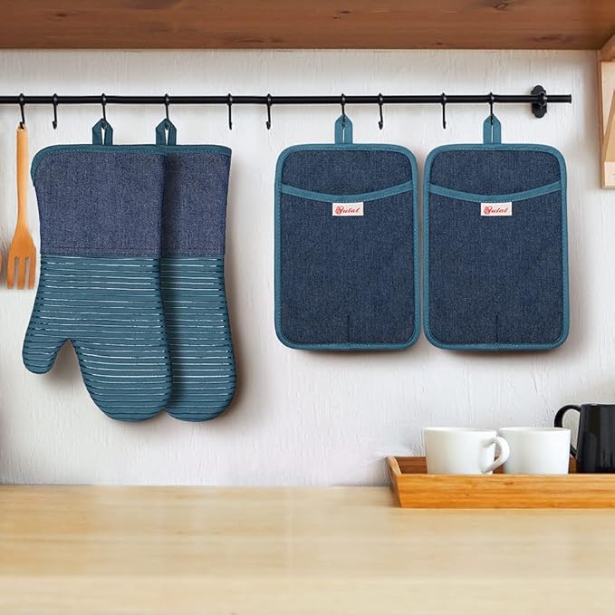 Yutat Oven Mitts, Pot Holders Set of 4 Made with Pure Cotton and Food Grade Non-Slip Silicone - 500 F Heat Resistant Oven Mitts and Pot Holders Sets for Kitchen Cooking (4pcs Set, Pc Blue and Denim) - Image 7