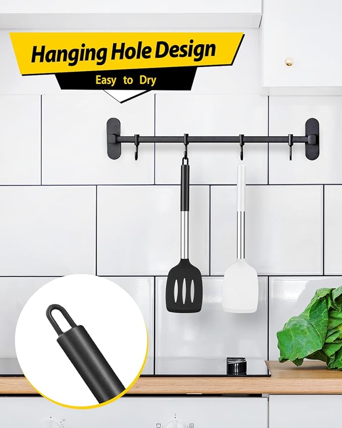 Pack of 2 Silicone Solid Turner, Non Stick Slotted Kitchen Spatulas, High Heat Resistant BPA Free Cooking Utensils, Ideal Cookware for Fish, Eggs, Pancakes(Black-White) - Image 6