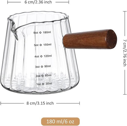 Joeyan 6 oz Glass Measuring Cups with Spout,Borosilicate Glass Triple Pitcher with Scale,Origami Style Espresso Shot Glasses with Wood Handle for Coffee Milk,Dishwasher Safe - Image 6