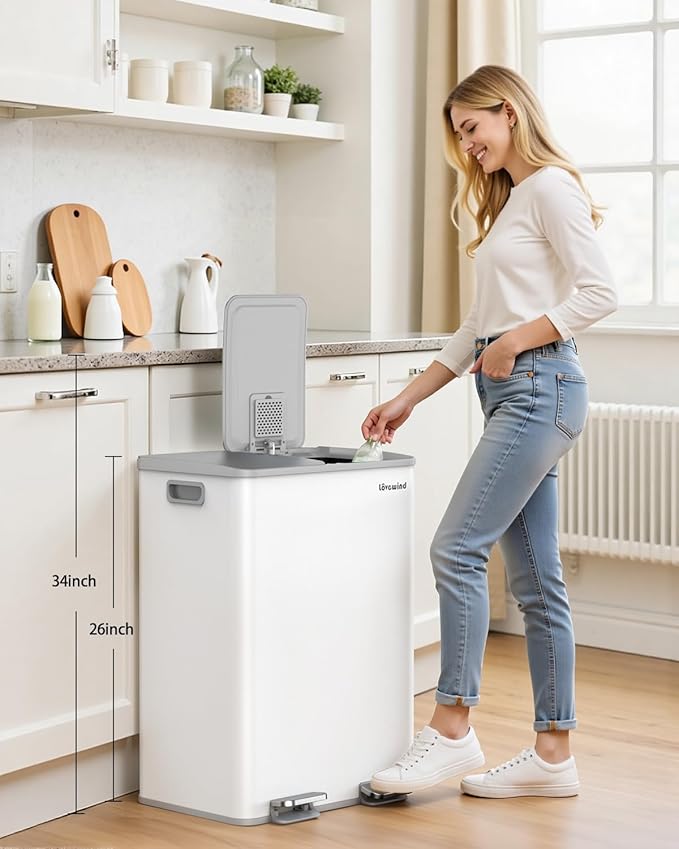 Lovewind Kitchen Trash Can, 2 x 8 Gallon (2 x 30 L) Stainless Steel Trash and Recycle Bin Combo with Soft-Close Lid, Dual Compartment Recycling Kitchen Step Trash Bin, White - Image 2