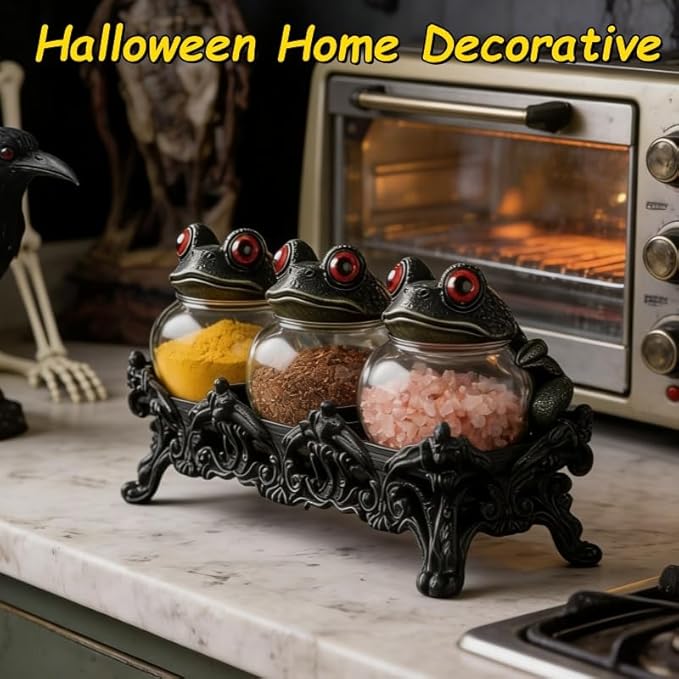 Witchy Frog Apothecary Spice Jars, Handcrafted Vintage Glass Storage Jars with Red-Eyed Frog Lids, Gothic Kitchen Herb Teas Food Storage Containers for Home Decor Fun Display (3-piece set) - Image 6