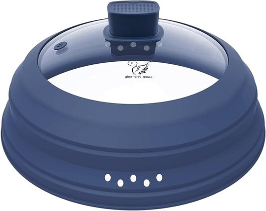 Tall Microwave Splatter Cover Glass Cover Guard Lid 5.8 inch Height with Collapsible Silicone for Food Pot Plate 8.5 inch Dark Blue