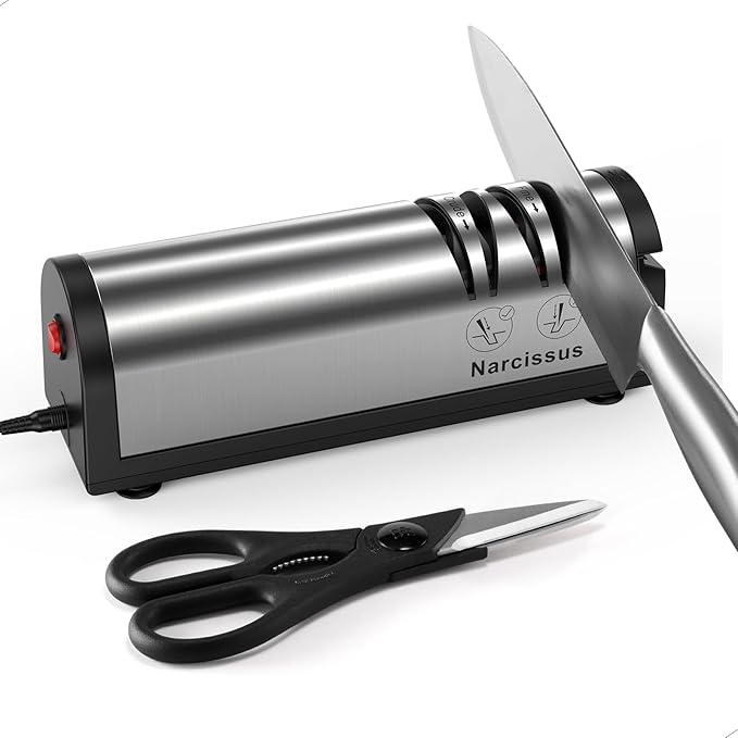 Narcissus Knife Sharpener, Professional 2 Stage Electric Knife Sharpener for Quick Sharpening & Polishing, with Scissors Sharpener and Metal Dust Collection Box, Stainless Steel, Silver by Narcissus