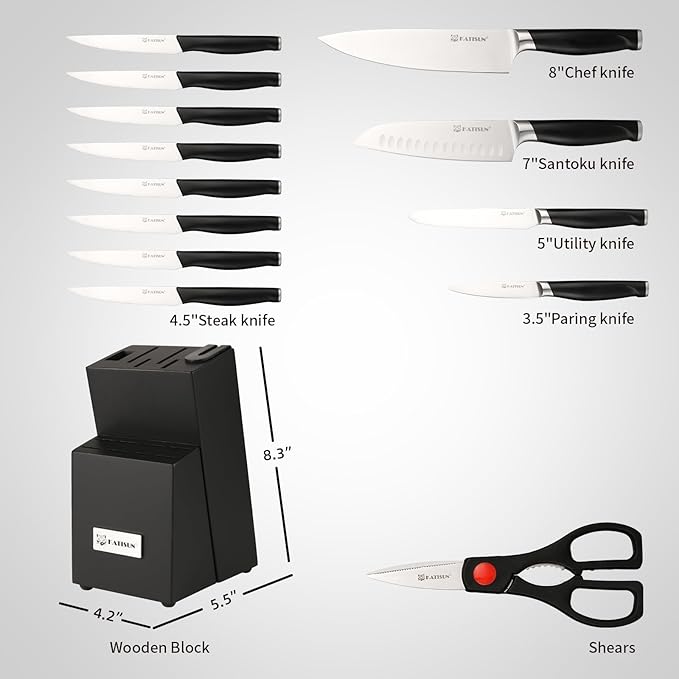 15-Piece Kitchen Knife Set with Block, ABS Ergonomic Handle for Chef Knife Set and Serrated Steak Knives Knife Sharpener and Kitchen Shears, Dishwasher Safe, Black Block - Image 2