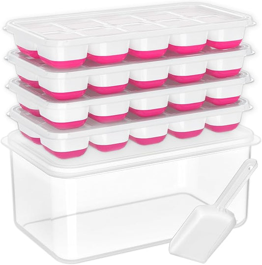 DOQAUS Ice Cube Tray with Lid and Bin - 4 Pack Silicone Ice Cube Trays for Freezer, Stackable Ice Bucket Kits with Storage Container & Scoop for Kitchen, RV, Cocktail, Coffee by DOQAUS
