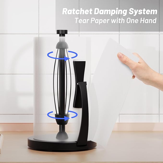 VEHHE Paper Towel Holder Countertop, Black Paper Towel Holder with Spring Activated Arm and Damping Effect, Simply Tear Paper Towel Stand for Bathroom and Kitchen (Black) - Image 2