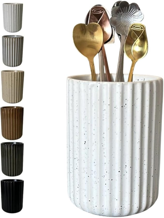 TOPYOKK Stoneware Coffee Bar Utensil Holder Tea & Coffee Spoon & Stirrer Holder for Stir Stick Straw Teaspoon Holder Spoon Cup Small Utensil Jar Fluted Vertical Stripe (Spotted White) by TOPYOKK