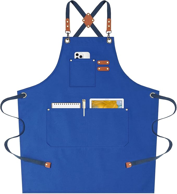 AFUN Chef Aprons for Women Men with Oversized Pockets, 12-Ounce Cotton Canvas Cross Back Water Repellent Apron (Royal Blue) by BringYouaFun
