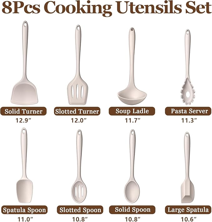 LIANYU 8Pcs Kitchen Cooking Utensils Set, Silicone Cooking Utensil Set, Heat Resistant Kitchen Tools for Nonstick Cookware, Includes Silicone Spatula, Spoon, Ladle, Turner, Dishwasher Safe, Khaki - Image 2