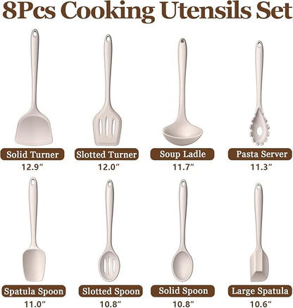 LIANYU 8Pcs Kitchen Cooking Utensils Set, Silicone Cooking Utensil Set, Heat Resistant Kitchen Tools for Nonstick Cookware, Includes Silicone Spatula, Spoon, Ladle, Turner, Dishwasher Safe, Khaki - Image 2