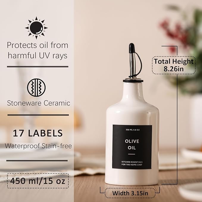 HOMCDALY Ceramic Olive Oil Dispenser Bottle, 16oz Oil Dispenser Bottle for Kitchen, Oil Container, Kitchen Oil Dispenser（White）