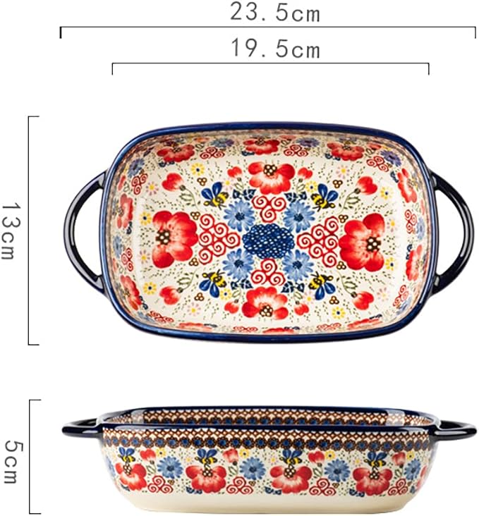 Vintage Flowers Style Ceramic Bakeware Casserole Dish Baking Pan Lasagna Pans Baking Dish with Handles for Oven/Cooking/Kitchen-1 PCS-Red Flowers-22 OZ - Image 2