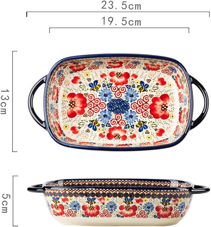 Vintage Flowers Style Ceramic Bakeware Casserole Dish Baking Pan Lasagna Pans Baking Dish with Handles for Oven/Cooking/Kitchen-1 PCS-Red Flowers-22 OZ - Image 2