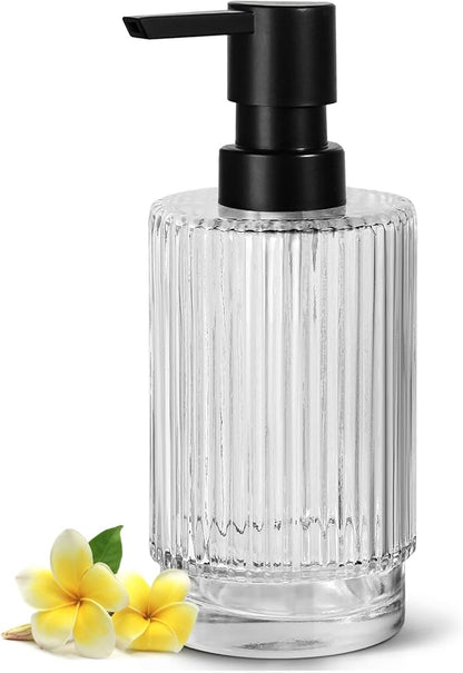 VIMERPA Glass Soap Dispenser with Pump, 11 fl oz Clear Hand Soap Dispensers for Bathroom, Ribbed Style Dish Soap Dispenser for Kitchen, Modern Refillable Liquid Soap Pump Bottle