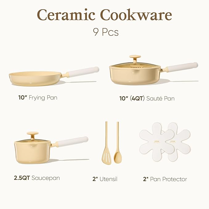 CAROTE Ceramic Cookware Set Nonstick, 9pcs Pots and Pans Set Non stick, Non-Toxic & PFAS-Free,Dishwasher, RV/Camping Cookware Set,Sauce Pan with Lid, Yellow - Image 2