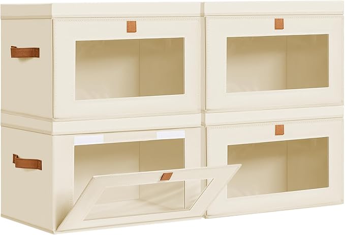 DIMJ Storage Bins with Lids - 4 Pack Large Fabric Closet Organizer with Window & Handles, Collapsible Decorative Storage Boxes for Shelves Under Bed, Books Clothes Blankets Sweaters Organization by DiMJ