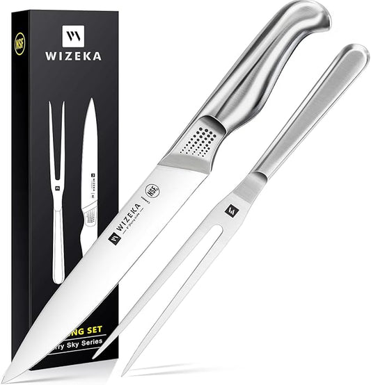 WIZEKA 8-inch Turkey Carving Knife Set 2 PCS,Stainless Steel Carving Knife and Fork Set,Extremely Sharp and Pointed Carving Sets for Meat with Gift Box