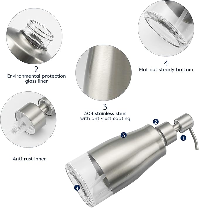 Gaussra 2 Pack Soap Dispenser with Coaster and Stickers, Stainless Steel Case Glass Liner Hand Pump Dispenser, Refillable Liquid Hand Soap Dispenser for Bathroom & Kitchen - Brushed Nickel - Image 4