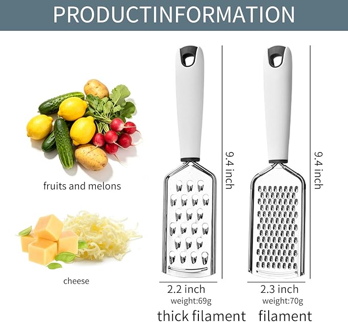 Zester Grater Set of 2, Kitchen Grater Zester Tool for Cheese,Lemon,Nutmeg, Chocolate, Fruits,Vegetables,Zucchini, Carrot, Apple, Cabbage (thick shreds&thin shreds) - Image 7