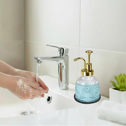 SheeChung Vintage Soap Dispenser, Kitchen Dish Soap Dispensers with Pump Mat, Glass Hand Soap Dispenser for Bathroom, Liquid, Lotion, Refillable, Rustic Farmhouse Decor-Clear (Gold Pump, 2 pk)