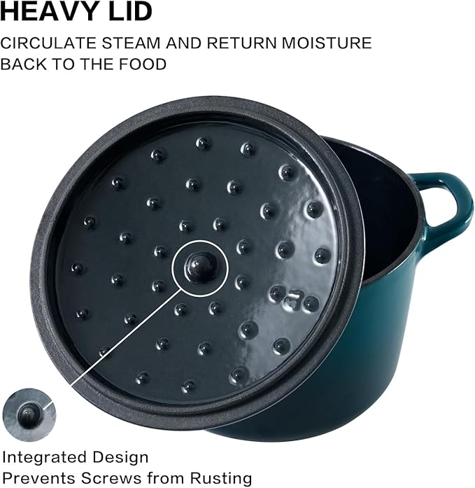 Flavehc Dutch Oven Pot with Lid 2.8 qt Cast Iron Dutch Oven for Bread Baking DarkCyan Enameled Cast Iron Rice Pot with Handels - Image 3