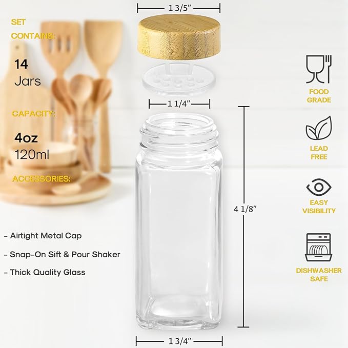 AOZITA 14 Pcs Spice Jars with Bamboo Lids - 4oz Square Spice Bottles with Spice Labels, Shaker Lids, Funnel - Image 3