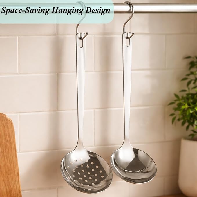 Berglander Slotted Spoons and Kitchen Ladle Spoon Set 2 Pcs, Stainless Steel Kitchen Spider Strainer Skimmer Soup Ladle for Straining Pasta/Cooking/Frying, Serving Soup/Gravy, Metal Kitchen Utensils - Image 3
