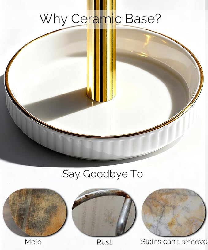 VROOMIUM Paper Towel Holder Countertop, Gold and Ceramic Base Easy-to-Clean, Fits Double to Family Rolls, Elegant and Durable Kitchen Roll Stand, Lux-Gold