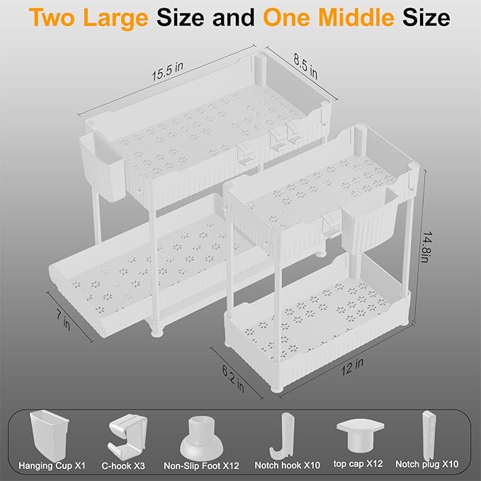 Sevenblue 3 Pack Under Sink Organizers, 2-Tier Multi-Use Kitchen and Bathroom Organizers and Storage with Sliding Drawers, Bathroom Cabinet Organizer (White, 14.8 Inch) - Image 2