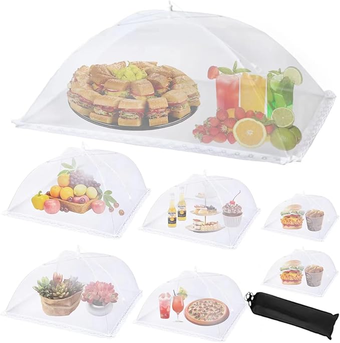 7Pack Various Size (40x24*1,17x17*2,14x14*2,12x12*2) Pop-up Food Tents Food Covers for Outside Mesh to Keep Bugs away,Reusable Collapsible Food Nets for Picnic Party BBQ Wedding Fruit by WokuyaDirectDesignforLoveIdealforParty