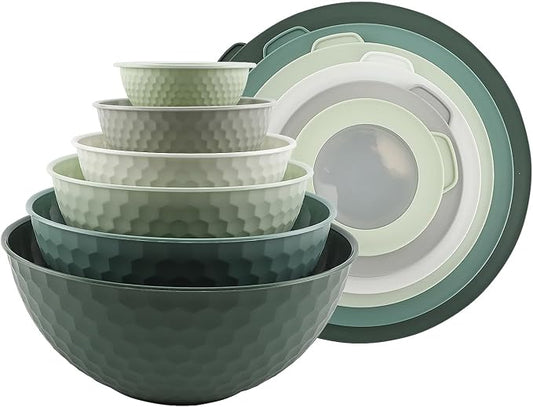 COOK WITH COLOR Mixing Bowls with Lids - 12 Piece Plastic Nesting Bowls Set includes 6 Prep Bowls and 6 Lids, Microwave Safe Mixing Bowl Set, Sage Embossed by CookwithColor