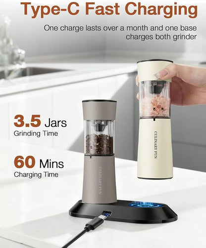 Electric Salt and Pepper Grinder Set, Stainless Steel Automatic Pepper Mill, Rechargeable with USB-C Charging Base, Gravity Activated One-Handed Operation, Dual LED Light, 2 Pack