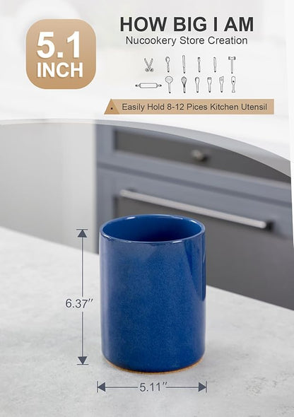 Nucookery Utensil Holder, 6.4" Ceramic Kitchen Utensil Holder for Countertop with Protection Cork Bottom, Vintage Farmhouse Kitchen Decor for Counter, Gift (Royal blue) - Image 3