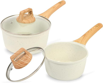 ESLITE LIFE 1.5 QT & 2.5 QT Sauce Pan Set with Lids, Nonstick Small Soup Pot Compatible with All Stovetops (Gas, Electric & Induction), PFOA Free, White