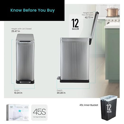 Home Zone Living 12 Gallon Slim Step Trash Can with Soft-Close Lid, Reeded Stainless Steel, Silver - Image 7