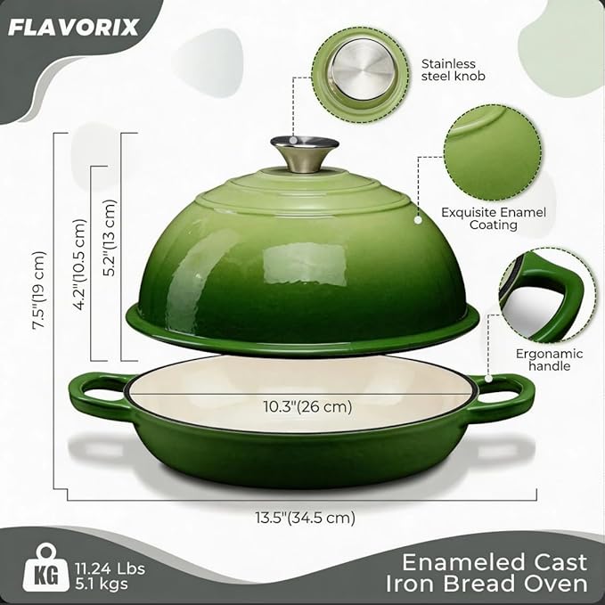 Cast Iron Bread Oven for Sourdough, 6Qt Bread Baking Pan with Lid, Enameled Sourdough Dutch Oven for Bread Baking, Oven Safe up to 482℉, Green