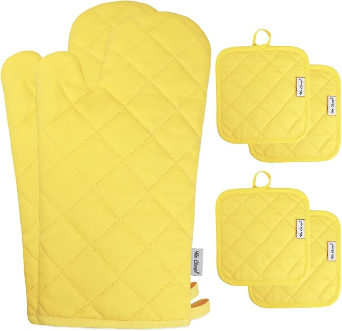 Oven Mitts and Pot Holders Sets,6 Pcs Oven Mitts and Potholders with Recycled Cotton High Heat Resistant Extra Thick Long Oven Mitts for Cooking(Yellow) by Win+Change
