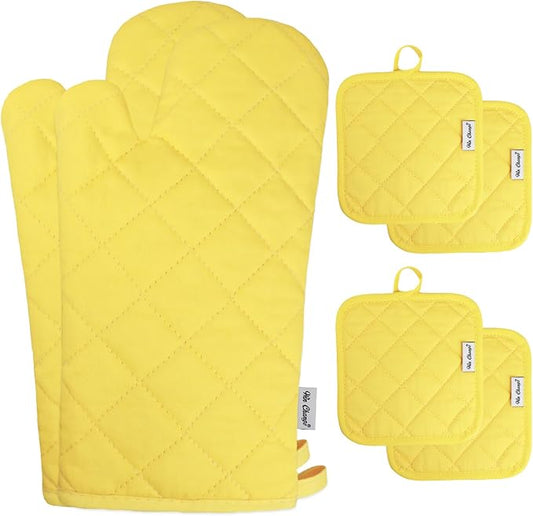 Oven Mitts and Pot Holders Sets,6 Pcs Oven Mitts and Potholders with Recycled Cotton High Heat Resistant Extra Thick Long Oven Mitts for Cooking(Yellow) by Win+Change
