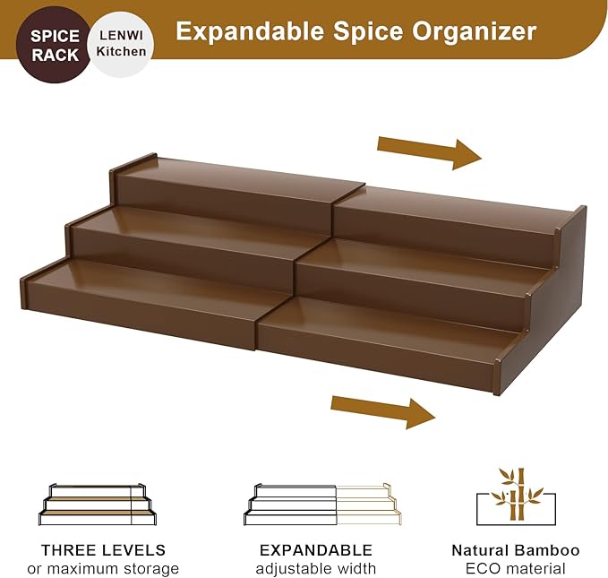 Lenwi Spice Rack Organizer for Cabinet 2 Pack, 3 Tier Expandable Bamboo Spice Storage for Kitchen Cupboard Pantry, Brown - Image 4